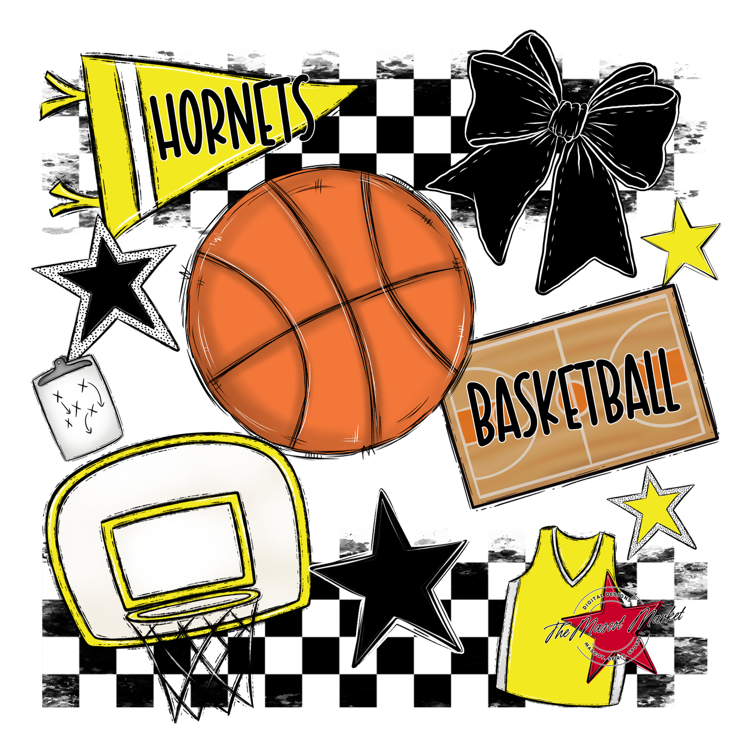 Hornets Checkers Basketball Spirit Design-Bright Yellow