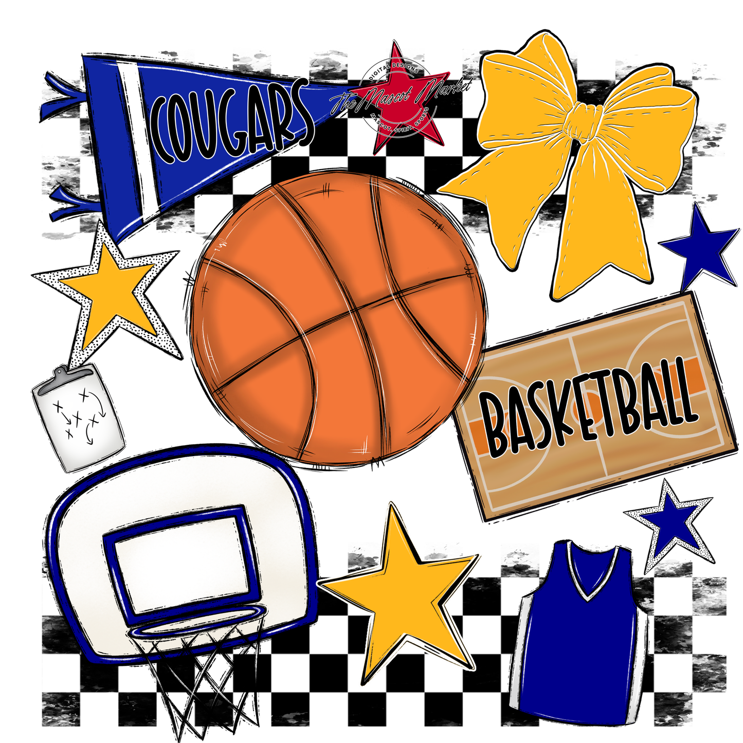 Cougars Checkers Basketball Spirit Design-Royal Blue-Yellow