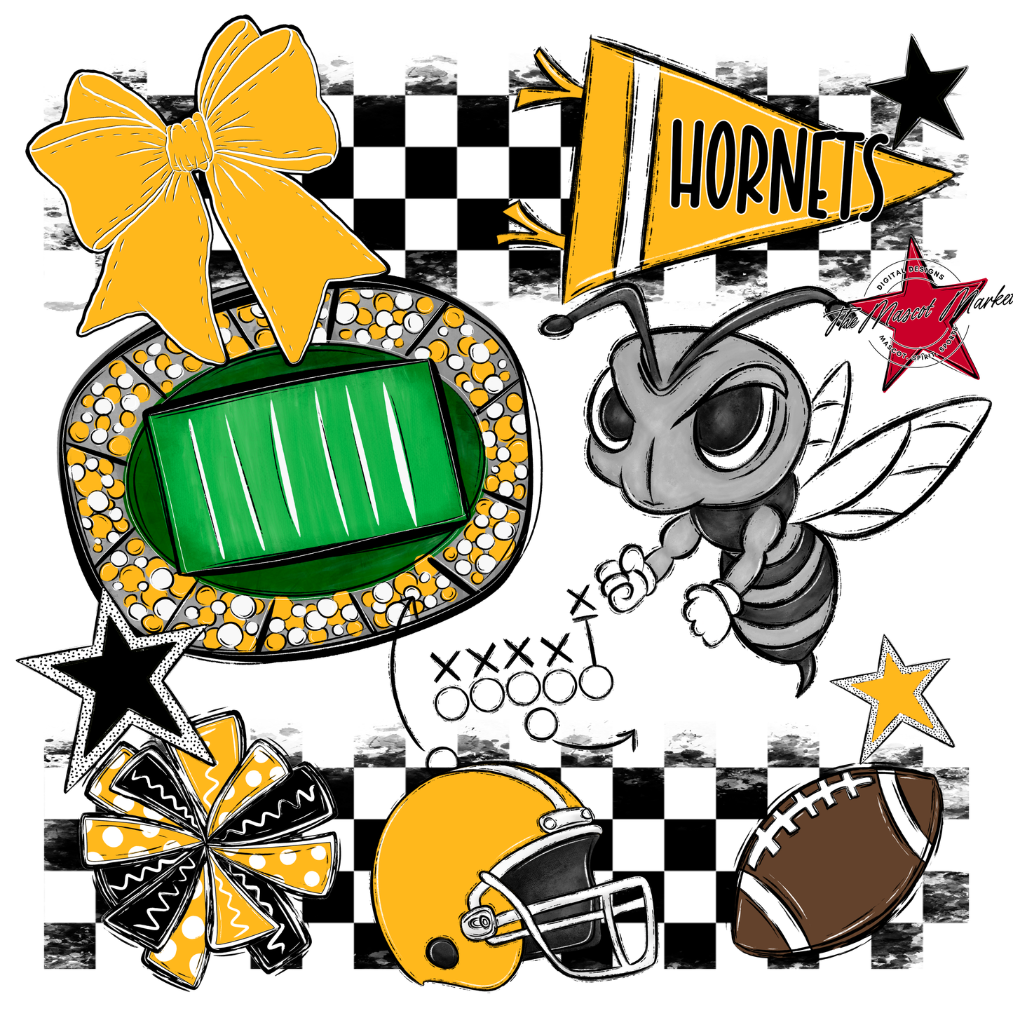 Hornets Checkers Mascot Spirit Design-Yellow