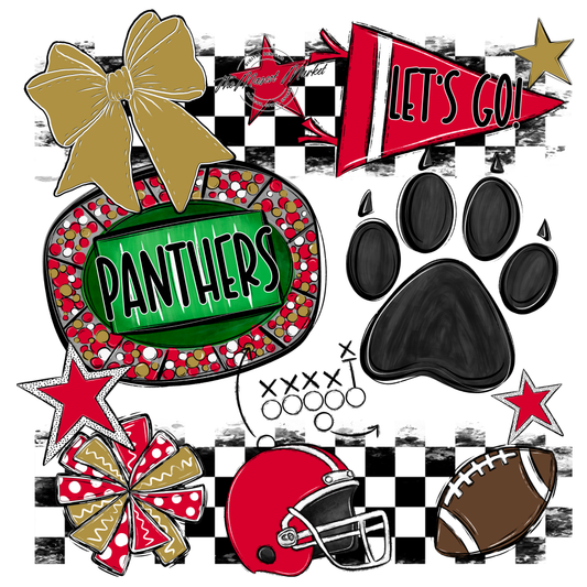 Panthers Checkers Mascot Spirit Design w Paw-Red-Gold