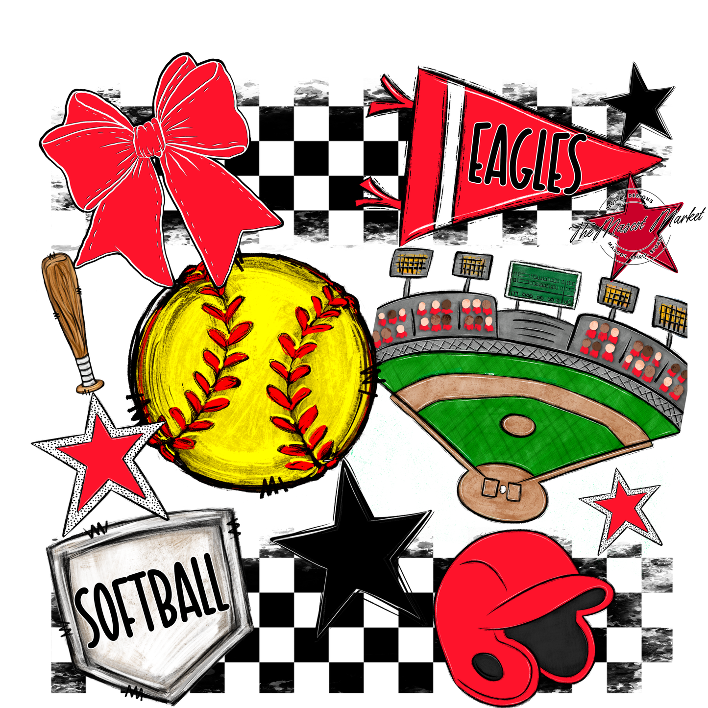 Eagles Softball Checkers Design-Bright Red