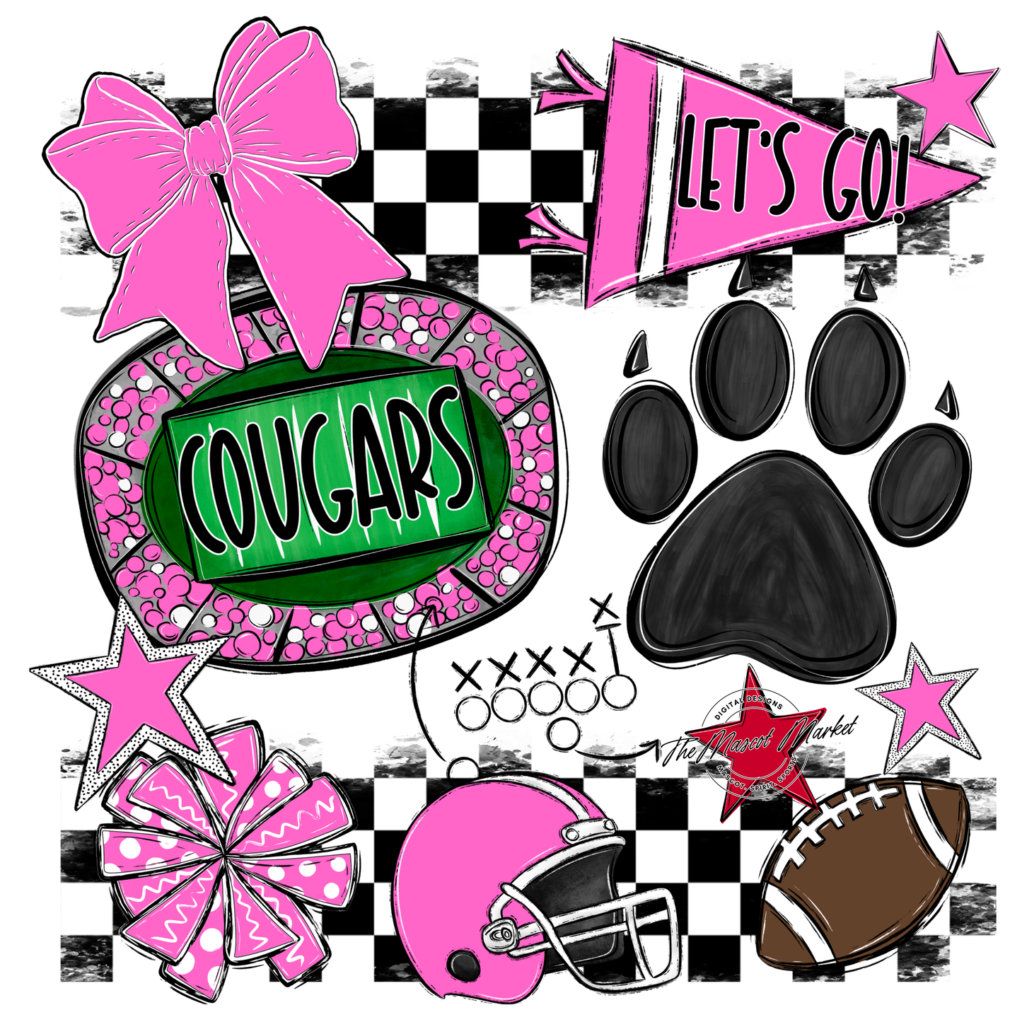 Cougars Checkers Mascot Spirit Design w Paw-Baby Pink
