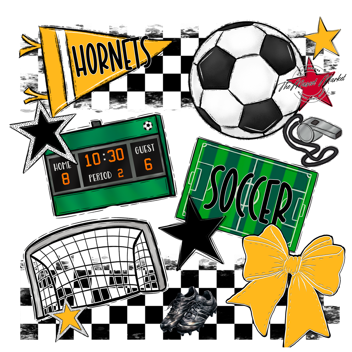 Hornets Checkers Soccer Spirit Design-Yellow