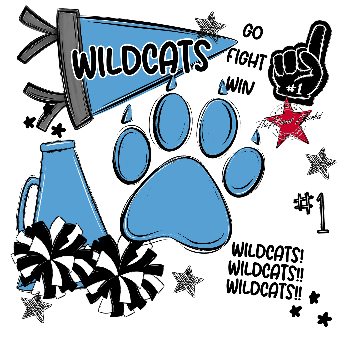 Wildcats Mixed Mascot Spirit Design-Carolina Blue