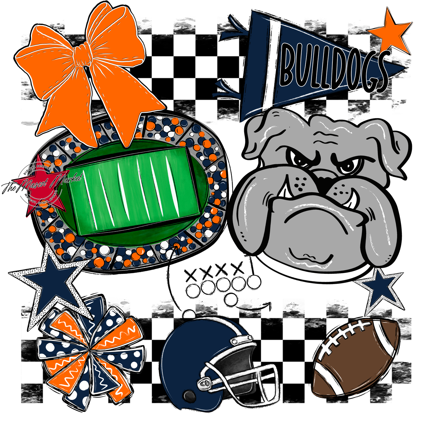 Bulldogs Checkers Mascot Spirit Design-Navy-Orange