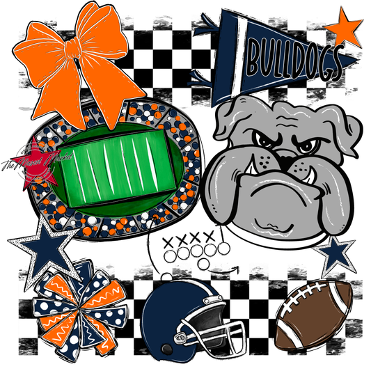 Bulldogs Checkers Mascot Spirit Design-Navy-Orange