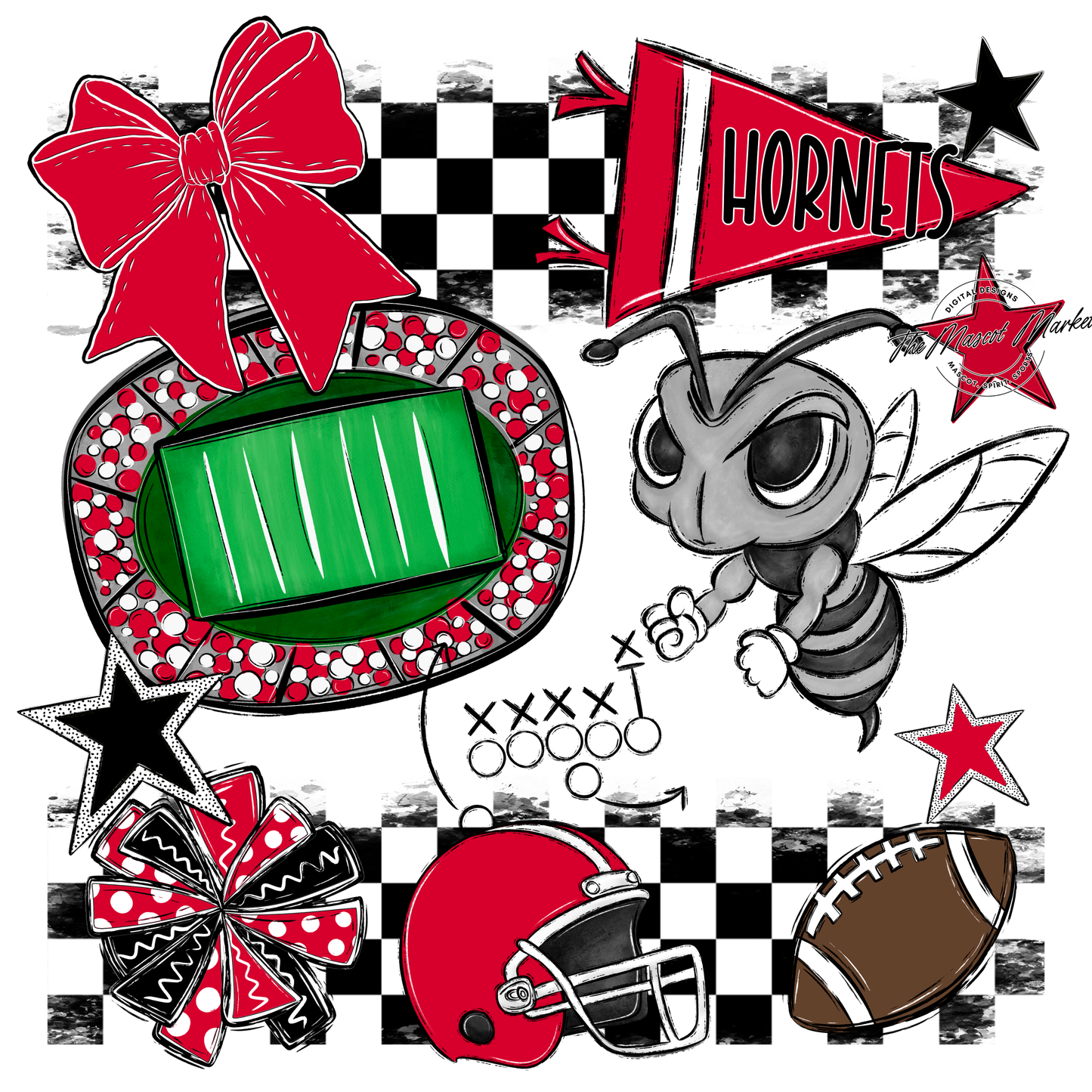 Hornets Checkers Mascot Spirit Design-Red