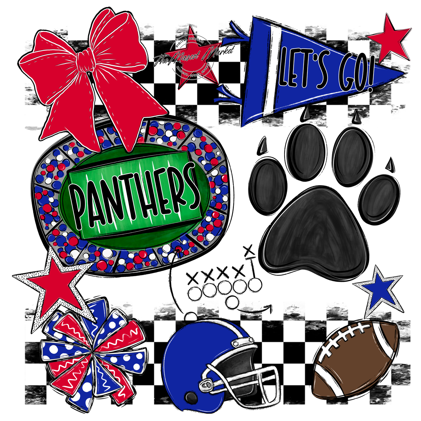 Panthers Checkers Mascot Spirit Design w Paw-Royal Blue-Red