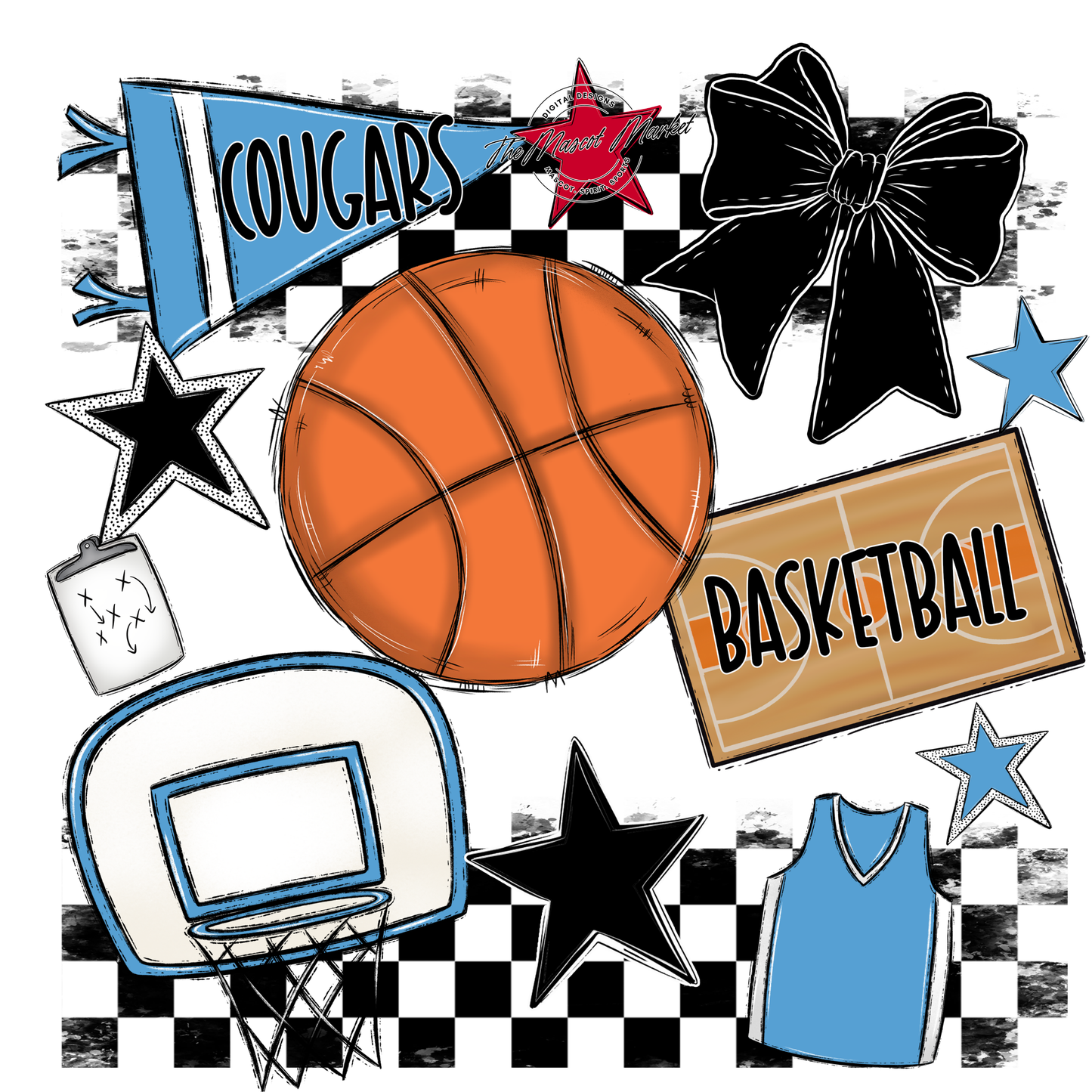 Cougars Checkers Basketball Spirit Design-Carolina Blue
