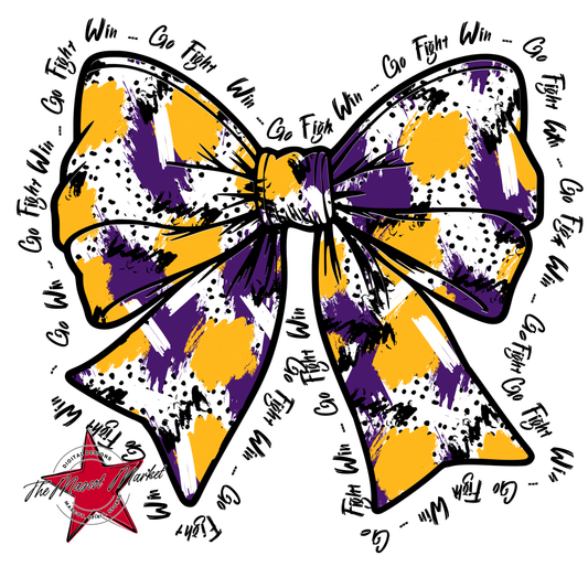 Go, Fight, Win, Splatter Bow Design-Purple-Yellow