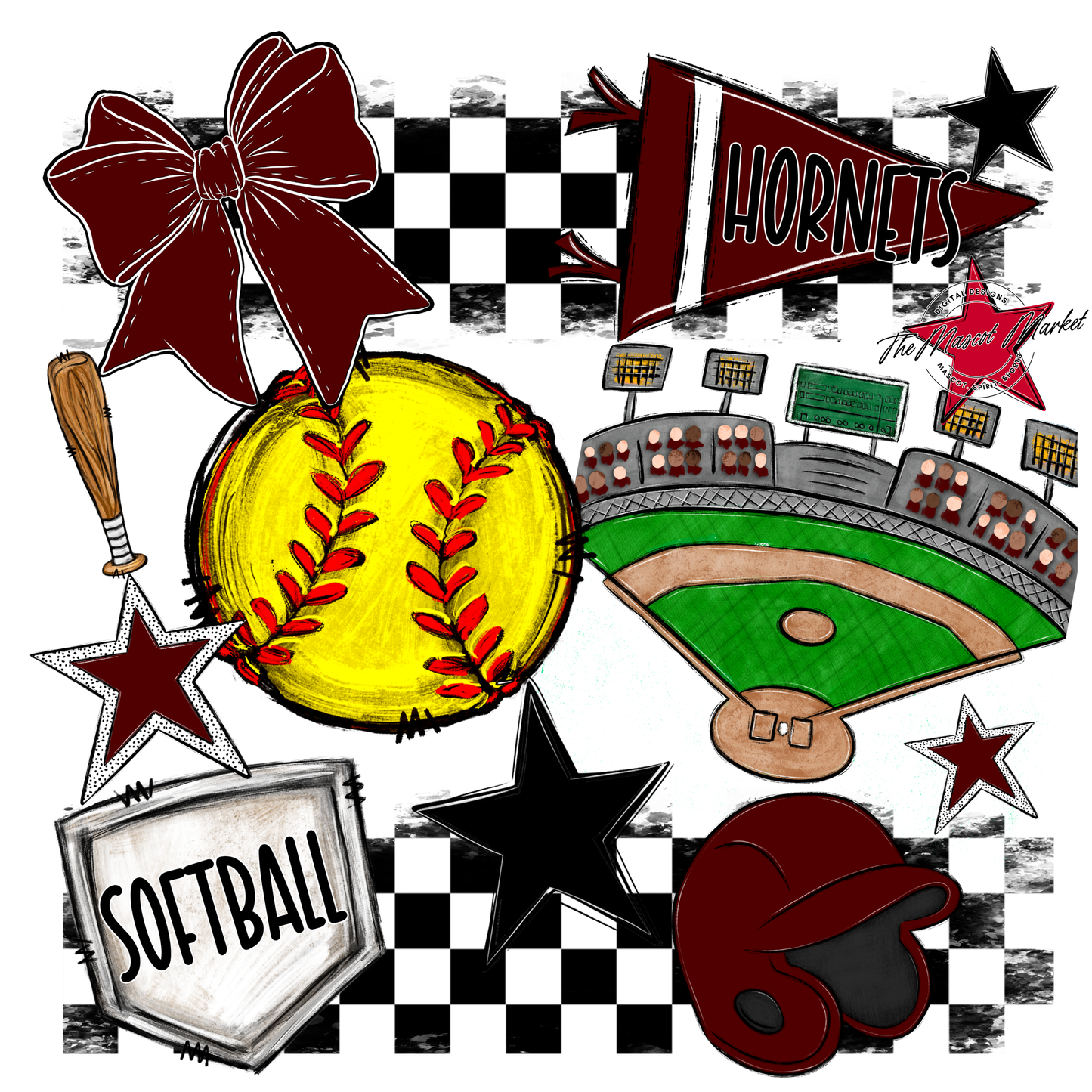 Hornets Checkers Softball Spirit Design-Maroon