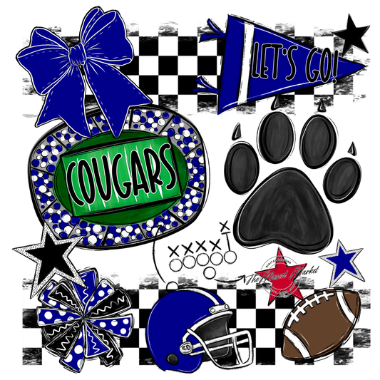 Cougars Checkers Mascot Spirit Design w Paw-Blue