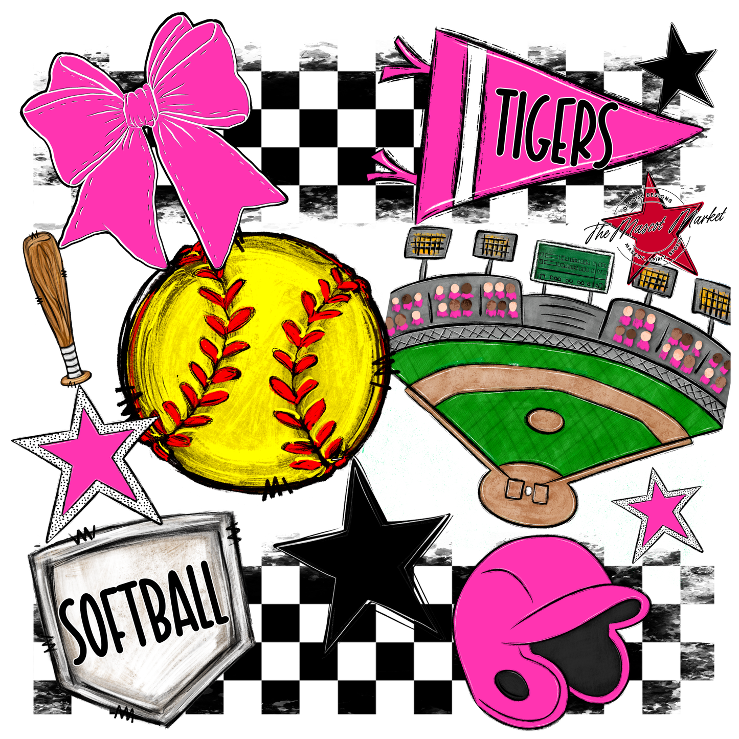 Tigers Checkers Softball Spirit Design-Pink