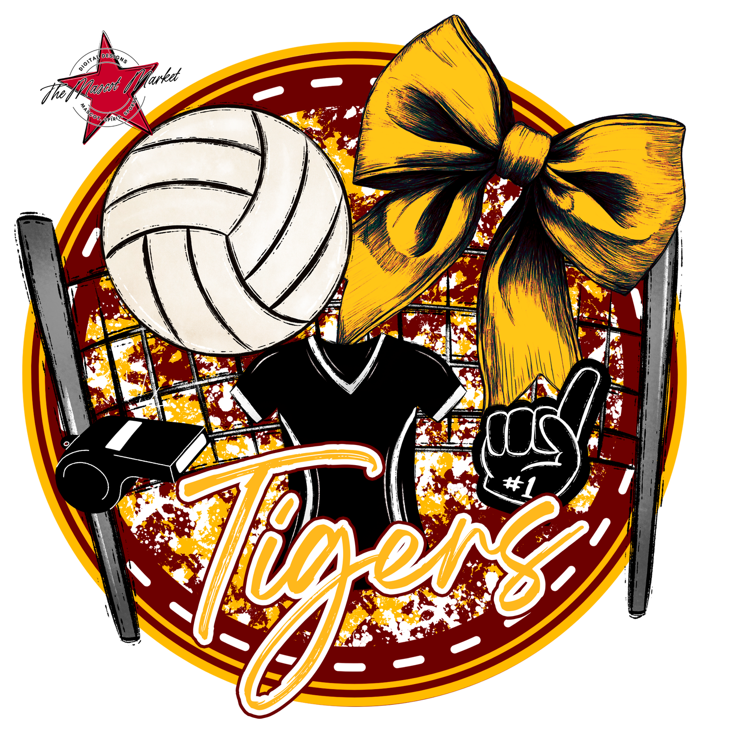 Tigers Circle Volleyball Design-Maroon-Yellow