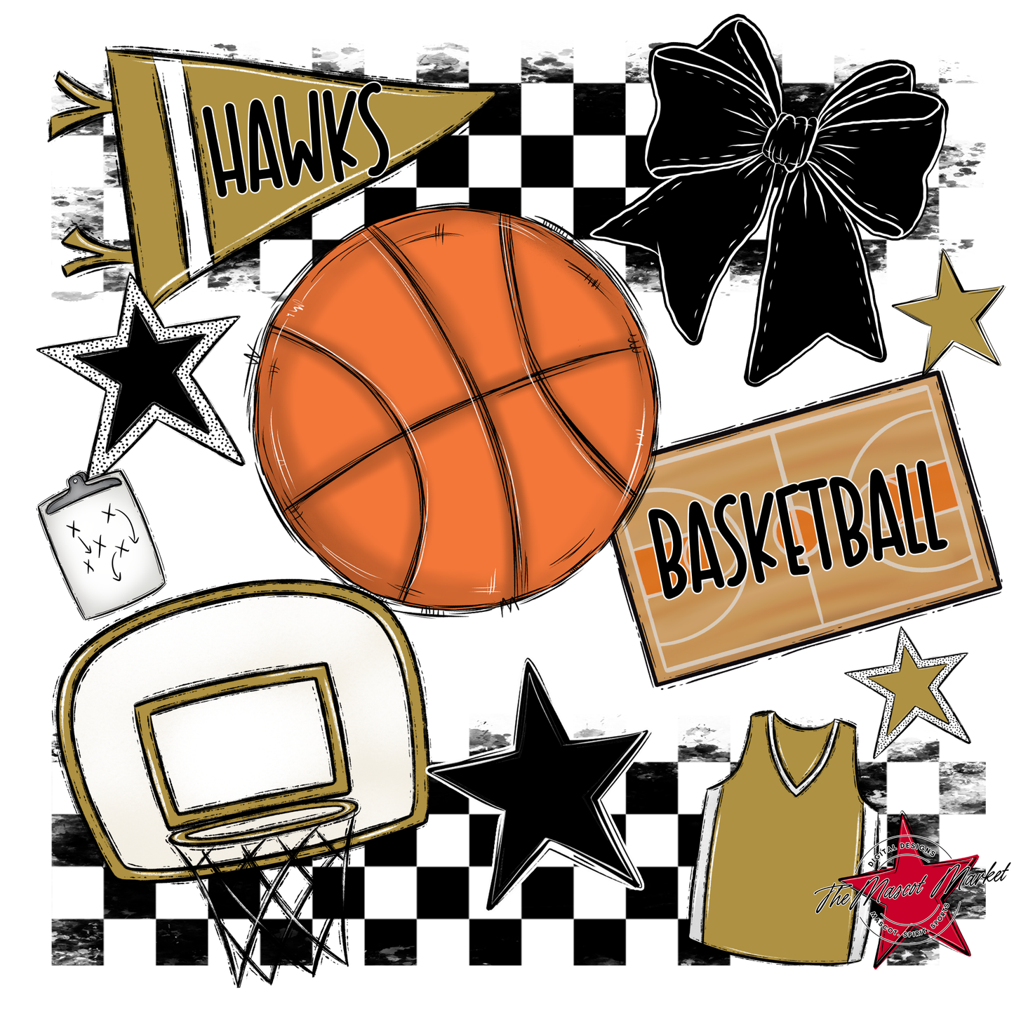Hawks Checkers Basketball Spirit Design-Gold
