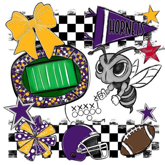 Hornets Checkers Mascot Spirit Design-Purple-Yellow