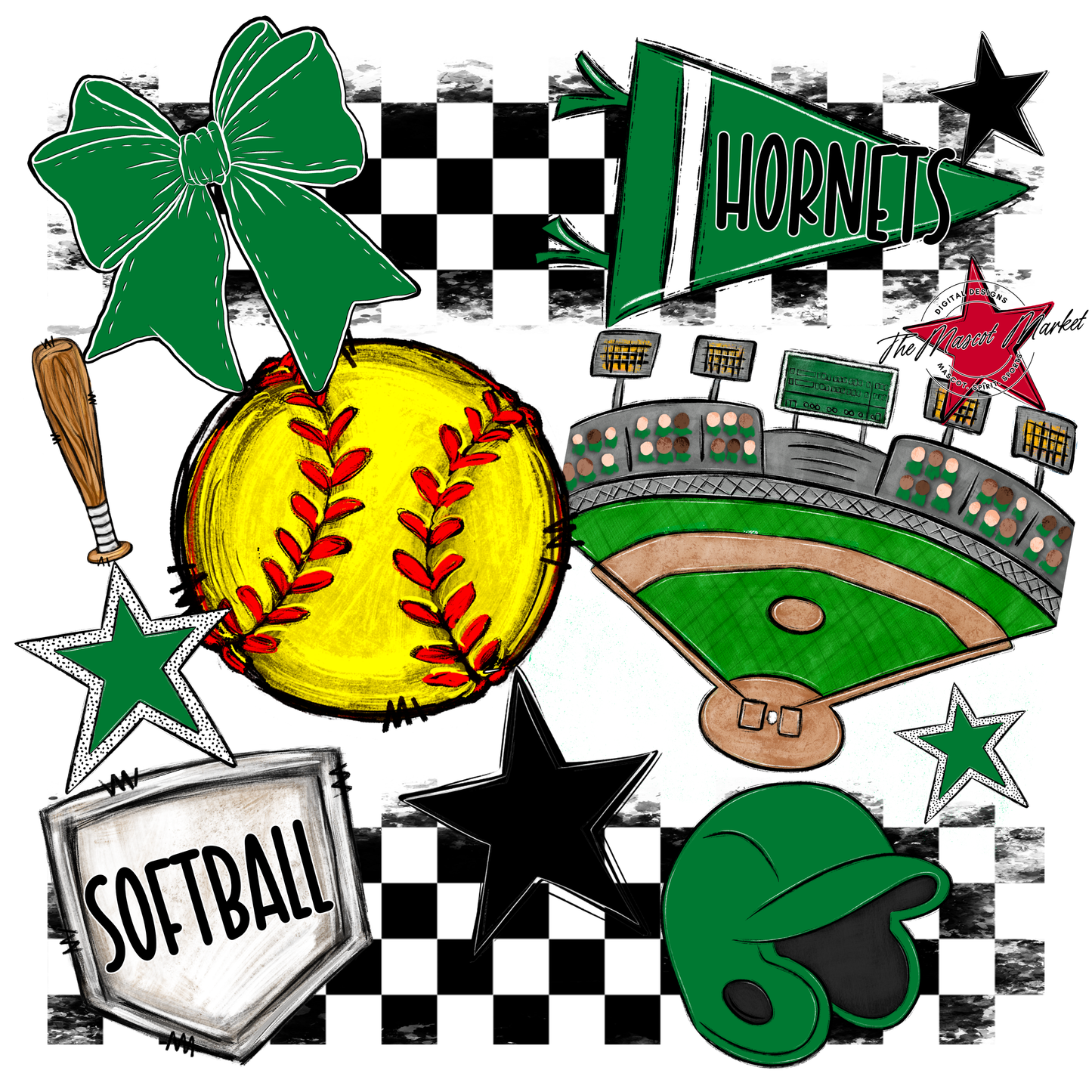 Hornets Checkers Softball Spirit Design-Kelly Green