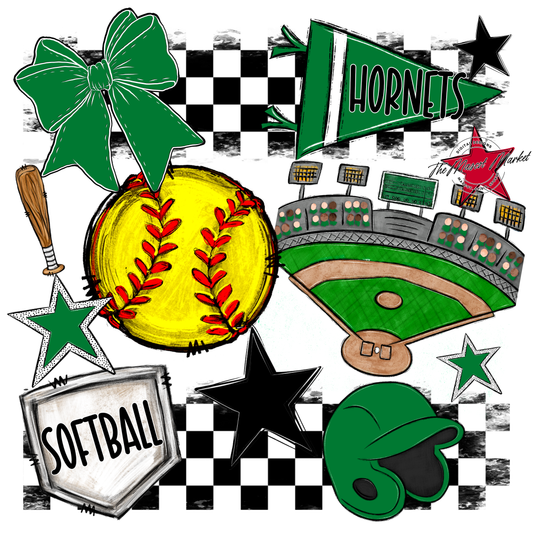 Hornets Checkers Softball Spirit Design-Kelly Green