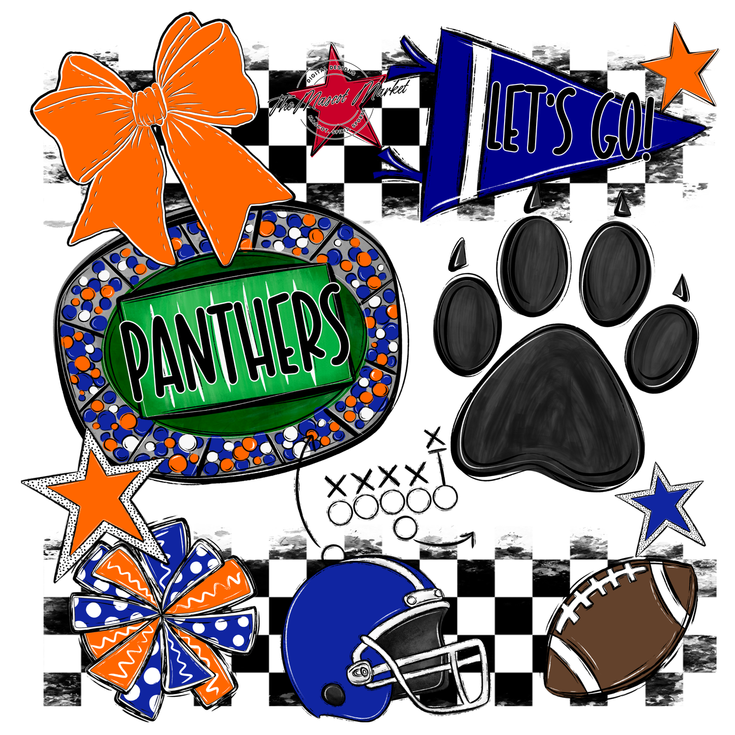 Panthers Checkers Mascot Spirit Design w Paw-Royal Blue-Orange
