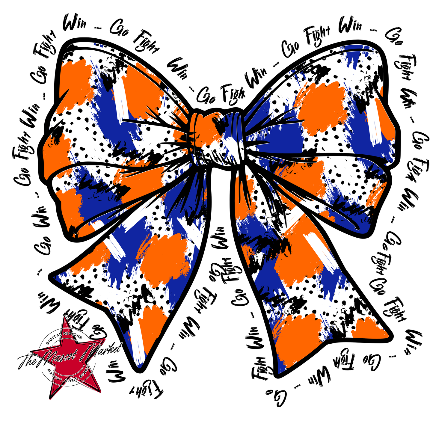 Go, Fight, Win, Splatter Bow Design-Royal Blue-Orange