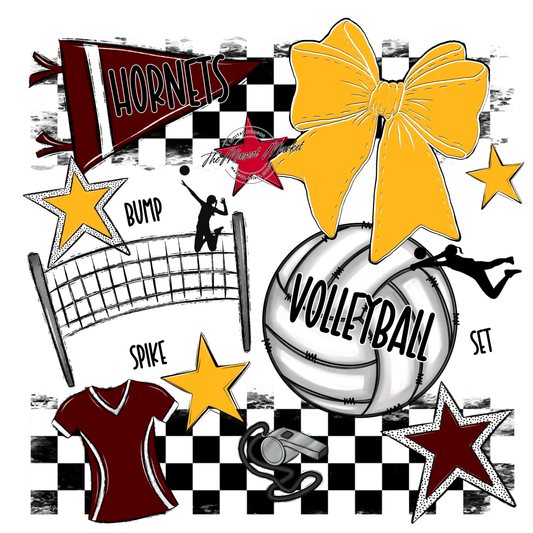 Hornets Checkers Volleyball Spirit Design-Maroon-Yellow