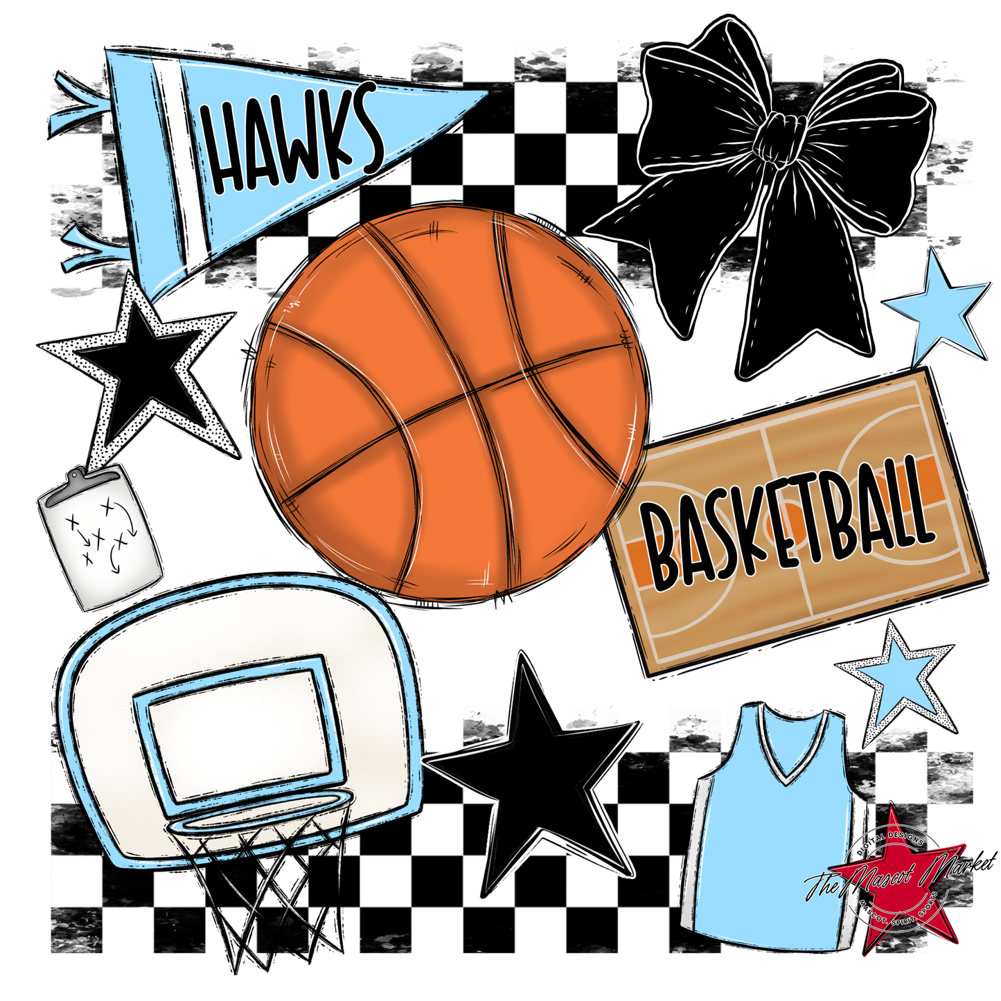 Hawks Checkers Basketball Spirit Design-Columbia Blue