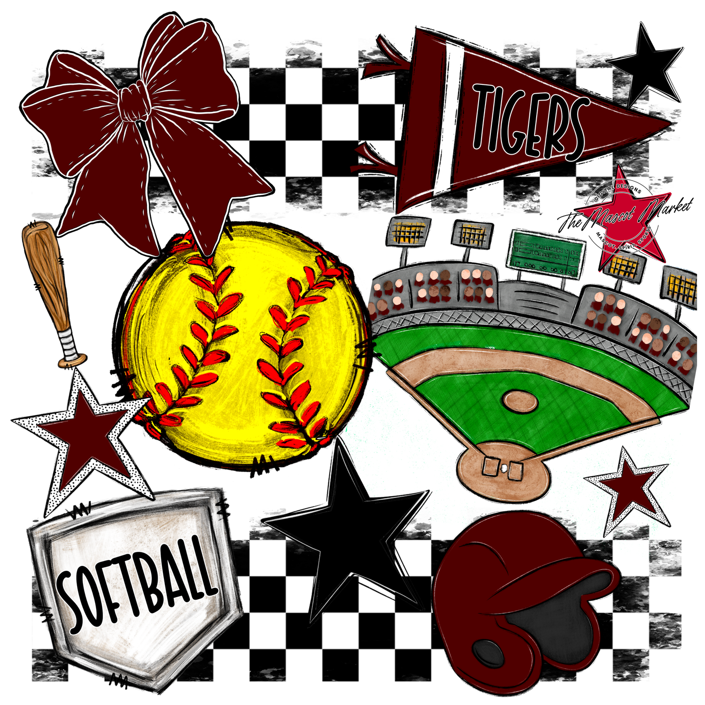 Tigers Checkers Softball Spirit Design-Maroon