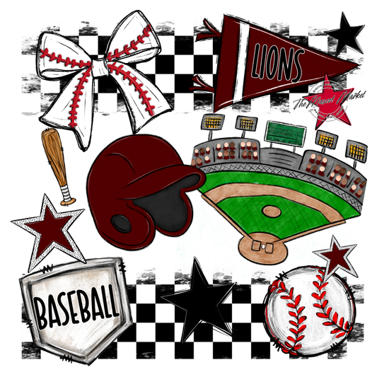 Lions Checkers Baseball Spirit Design-Maroon