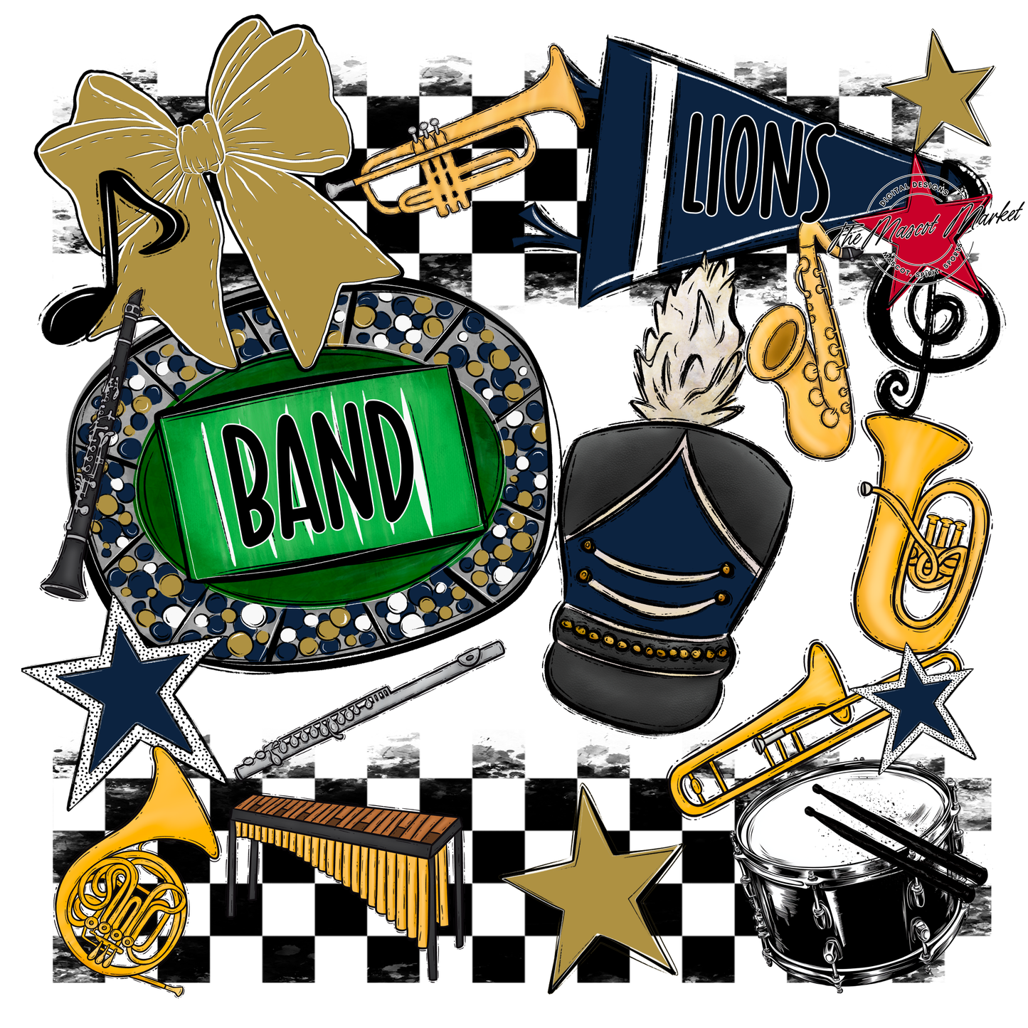 Lions Checkers Band Spirit Design-Navy-Gold