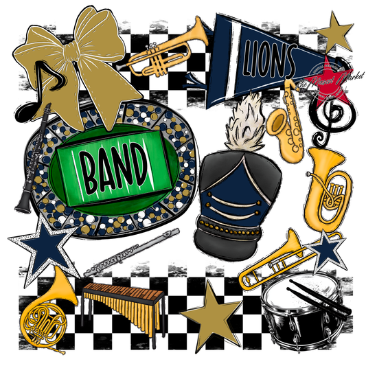 Lions Checkers Band Spirit Design-Navy-Gold