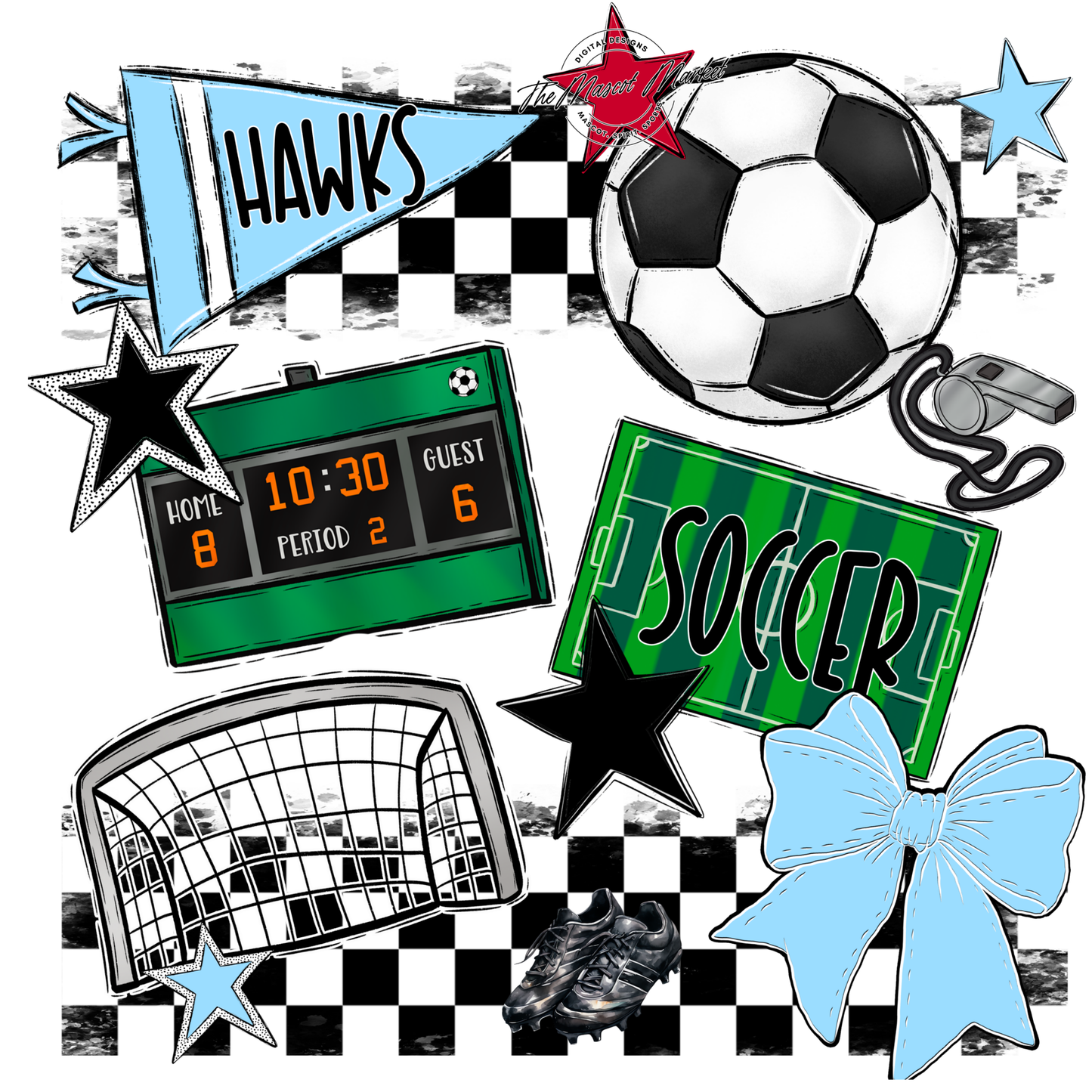 Hawks Checkers Soccer Spirit Design-Columbia Blue