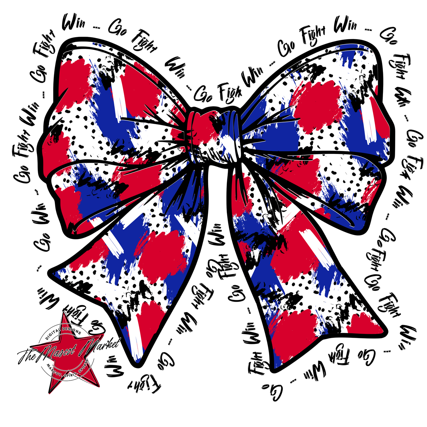 Go, Fight, Win, Splatter Bow Design-Royal Blue-Red
