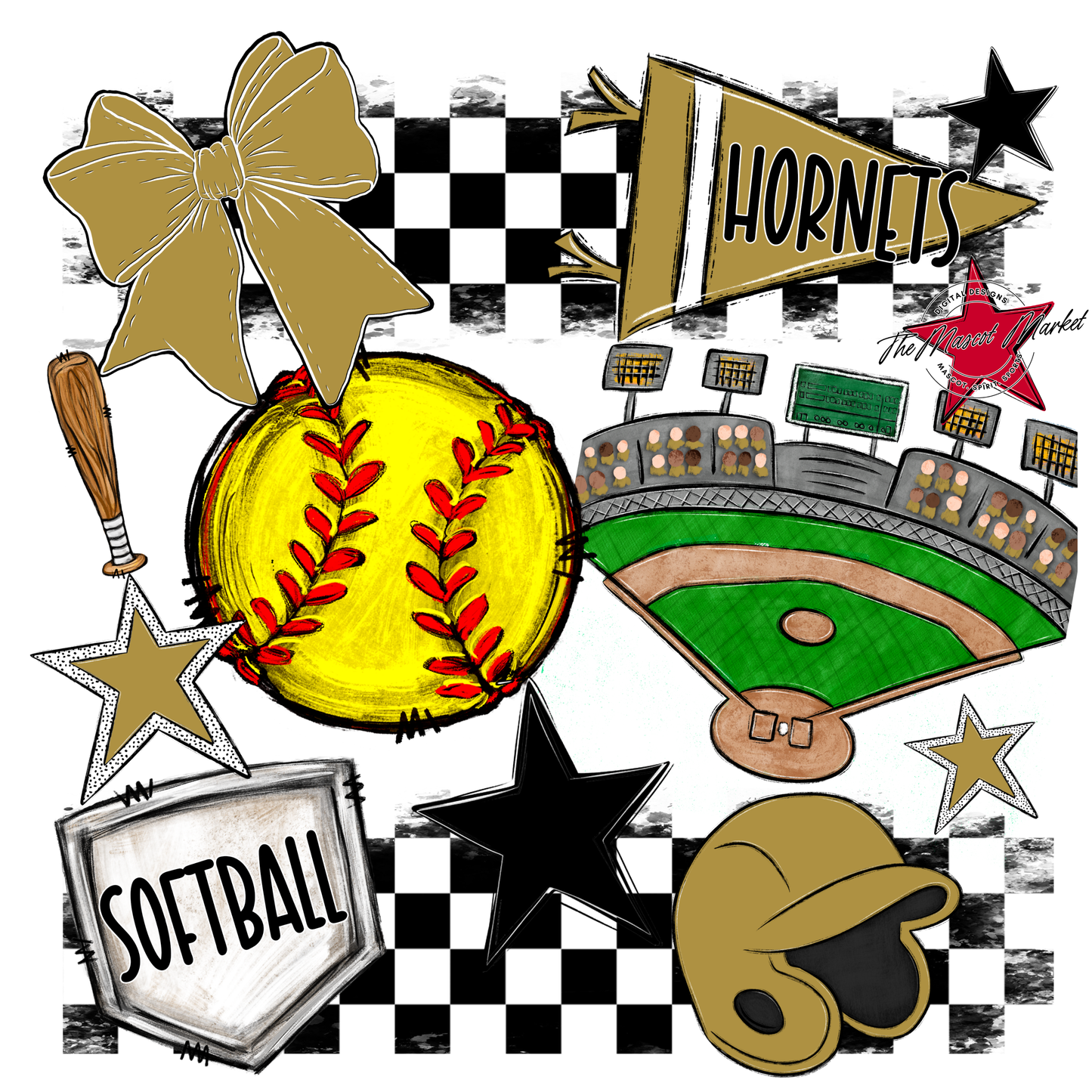 Hornets Checkers Softball Spirit Design-Gold