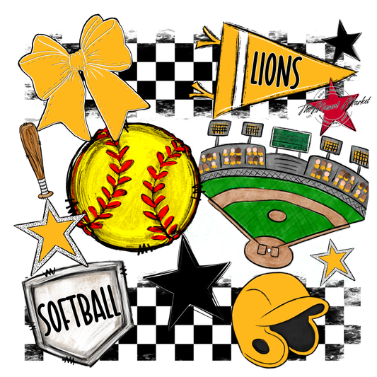 Lions Checkers Softball Spirit Design-Yellow