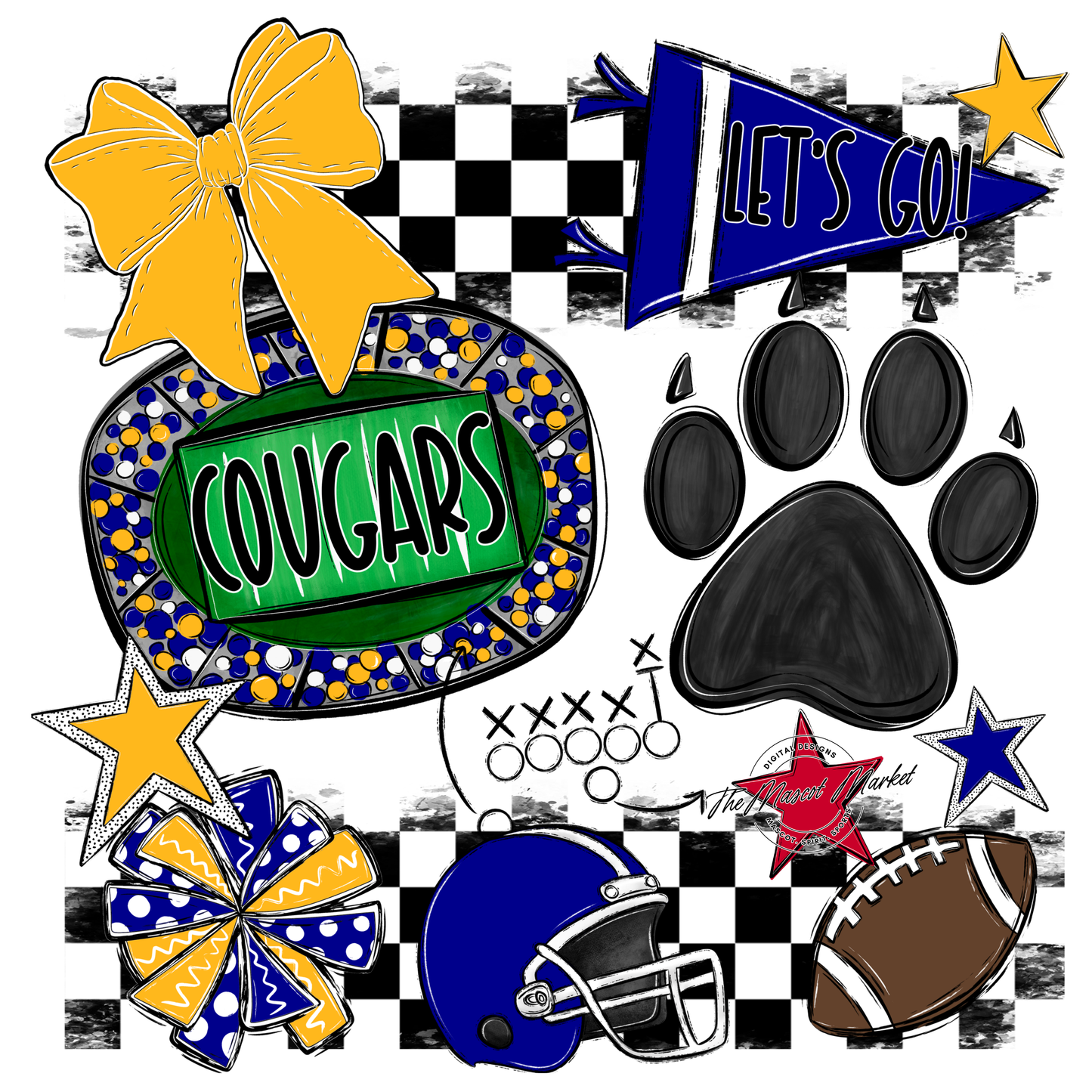 Cougars Checkers Mascot Spirit Design w Paw-Blue-Yellow