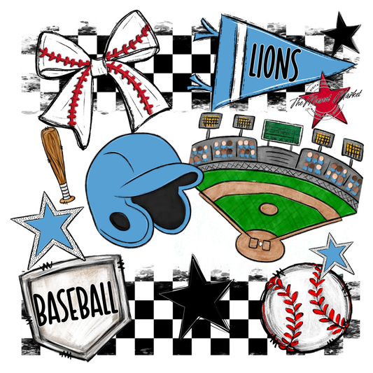 Lions Checkers Baseball Spirit Design-Carolina Blue