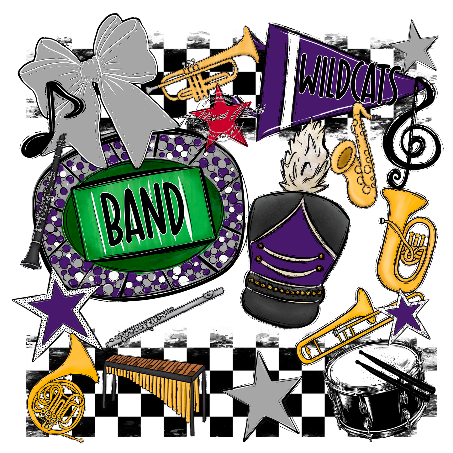 Wildcats Checkers Band Spirit Design-Purple-Grey
