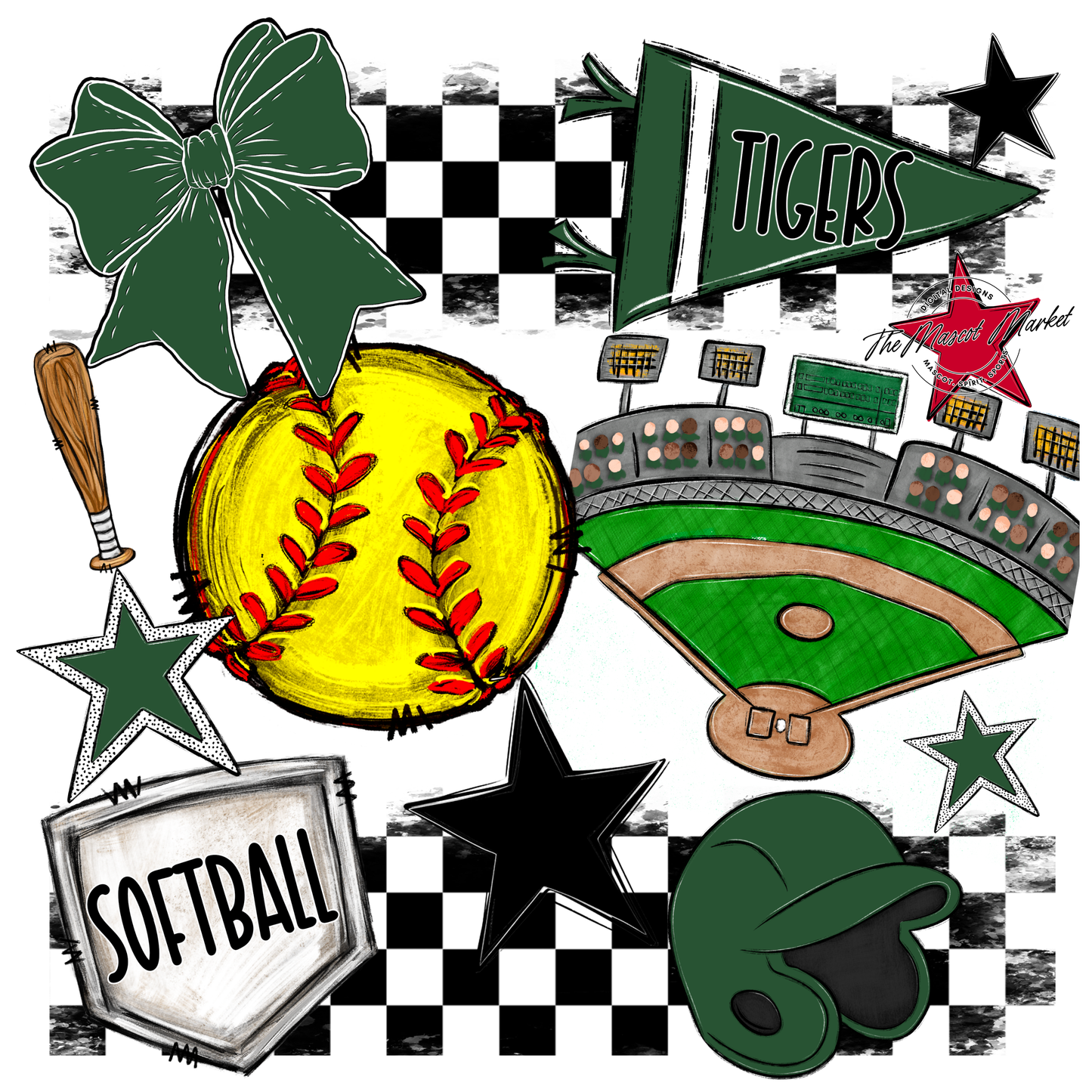 Tigers Checkers Softball Spirit Design-Green