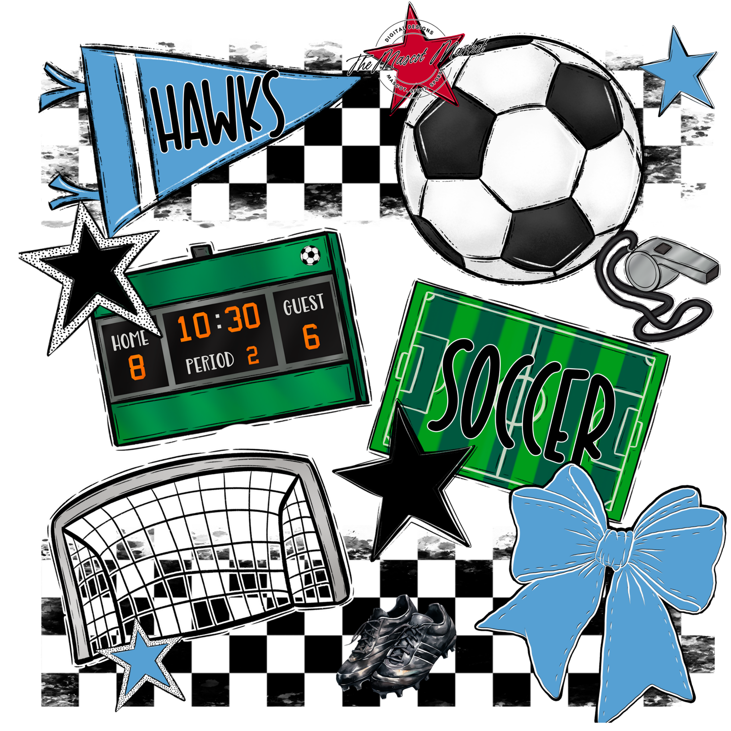 Hawks Checkers Soccer Spirit Design-Carolina Blue