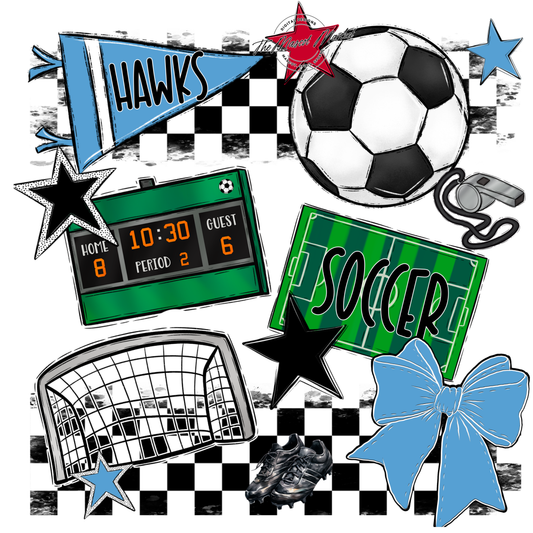 Hawks Checkers Soccer Spirit Design-Carolina Blue