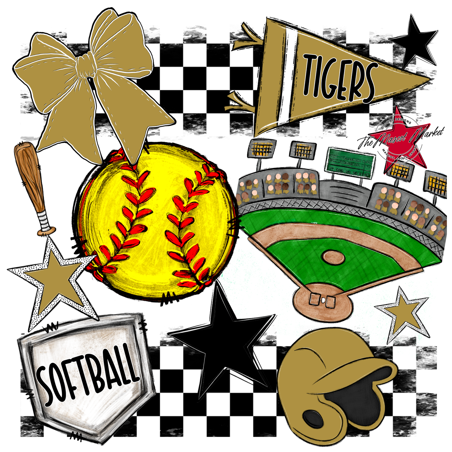 Tigers Checkers Softball Spirit Design-Gold