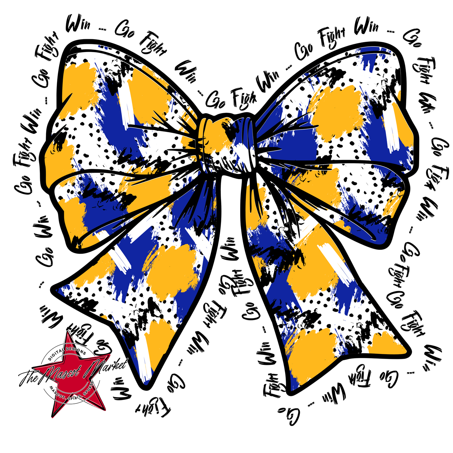 Go, Fight, Win, Splatter Bow Design-Royal Blue-Yellow