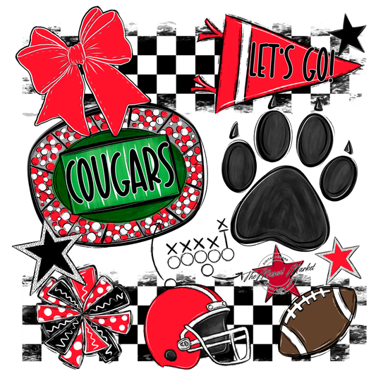 Cougars Checkers Mascot Spirit Design w Paw-Bright Red