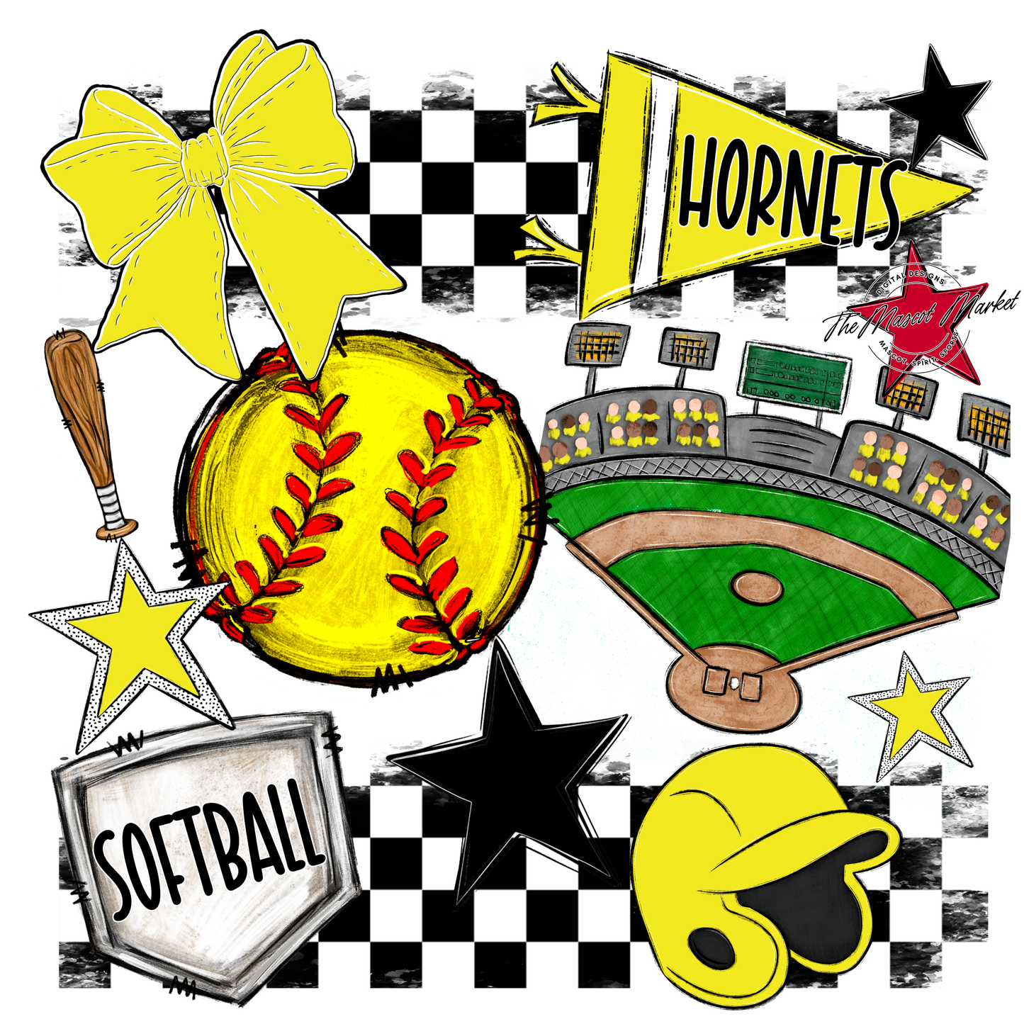 Hornets Checkers Softball Spirit Design-Bright Yellow