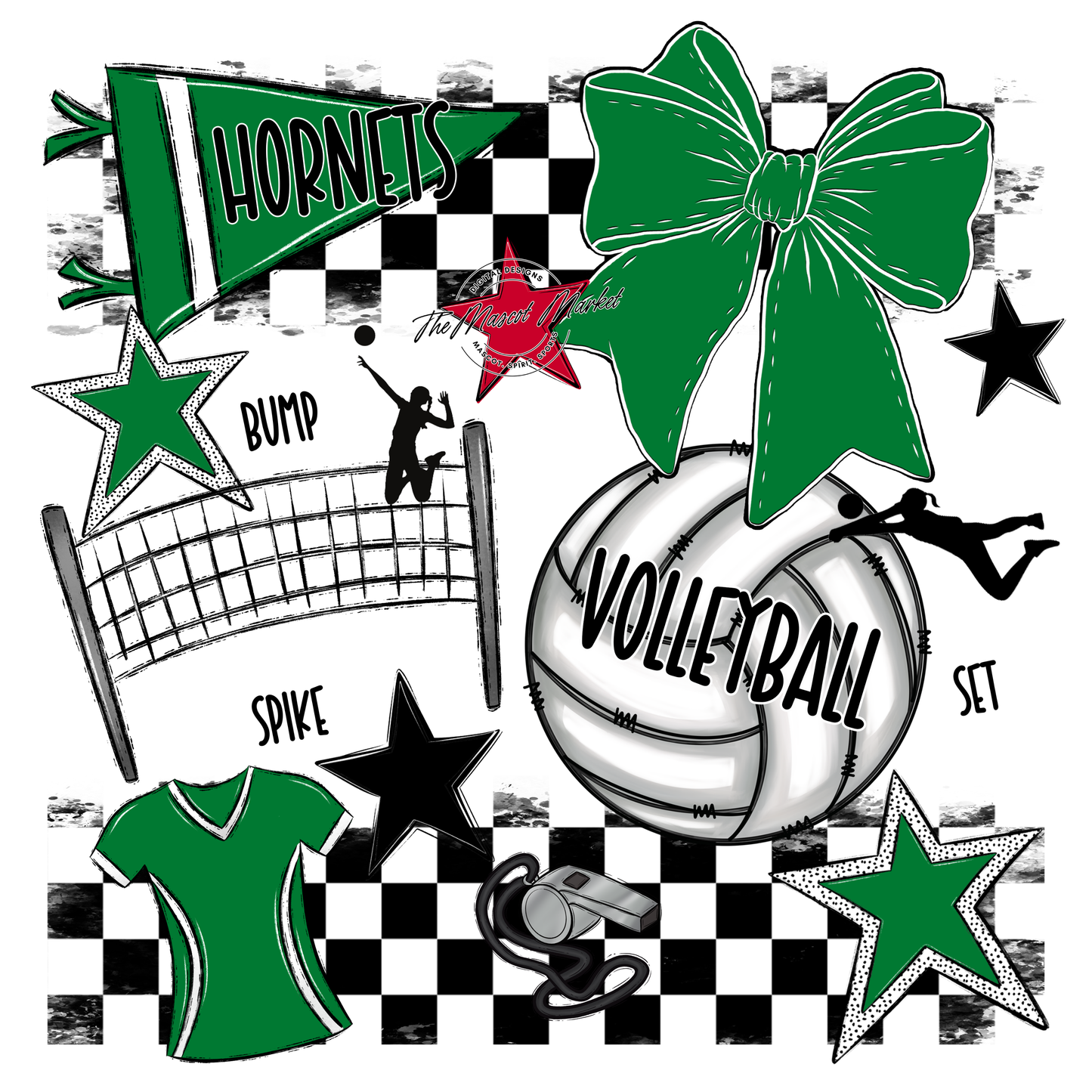 Hornets Checkers Volleyball Spirit Design-Kelly Green