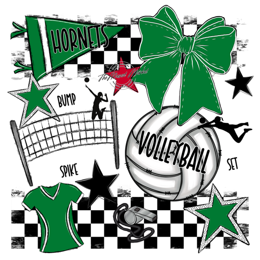 Hornets Checkers Volleyball Spirit Design-Kelly Green
