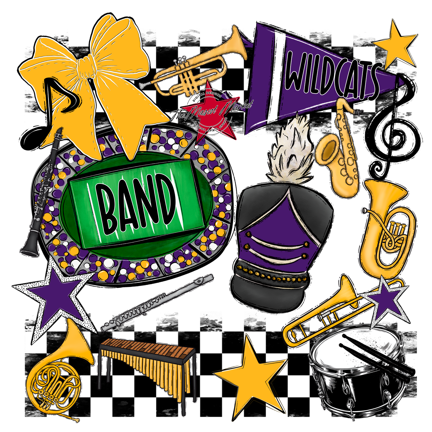 Wildcats Checkers Band Spirit Design-Purple-Yellow