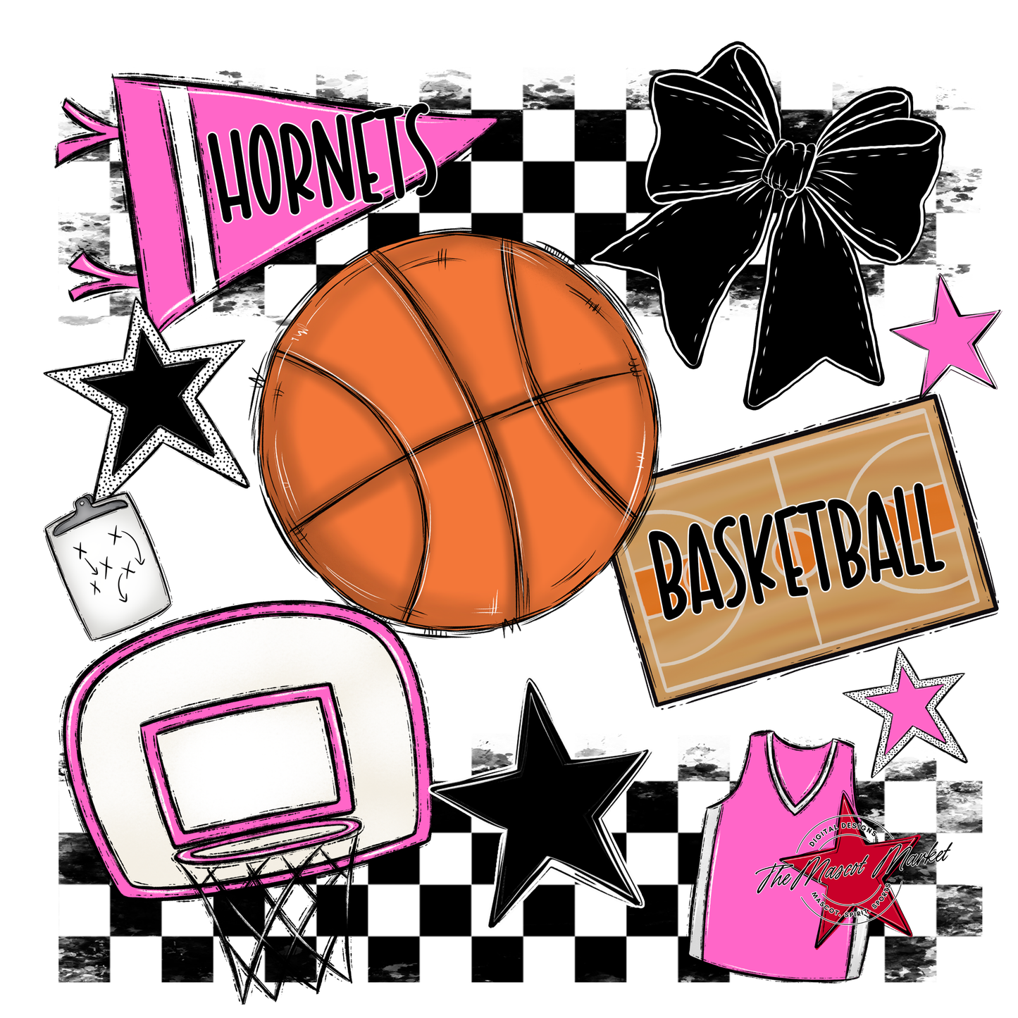 Hornets Checkers Basketball Spirit Design-Baby Pink