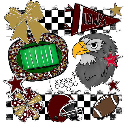 Hawks Checkers Mascot Spirit Design-Maroon-Gold