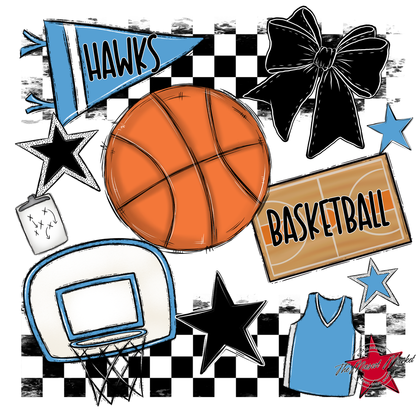 Hawks Checkers Basketball Spirit Design-Carolina Blue